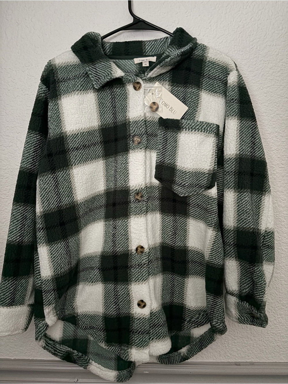 Green & White Plaid Sherpa Button-Up